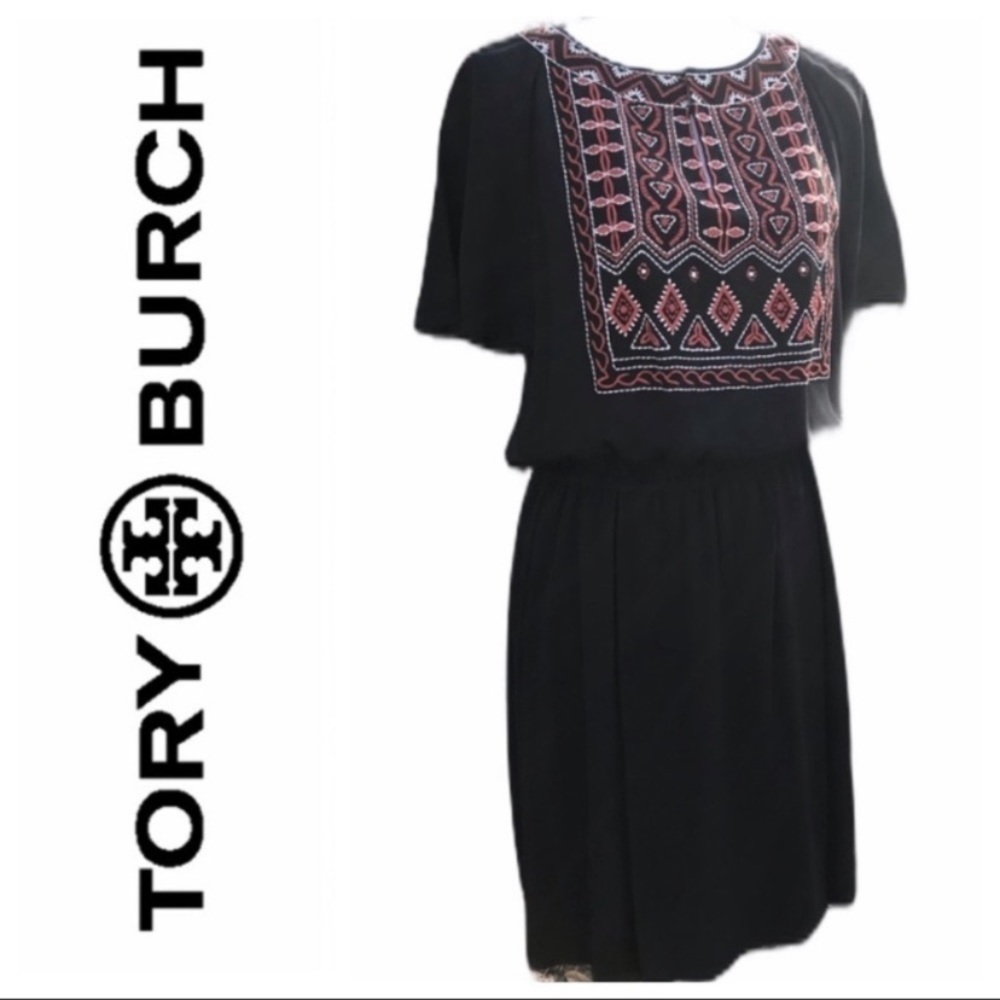 Tory Burch Bristol Silk Embroidered Embellished Black Dress Size 4